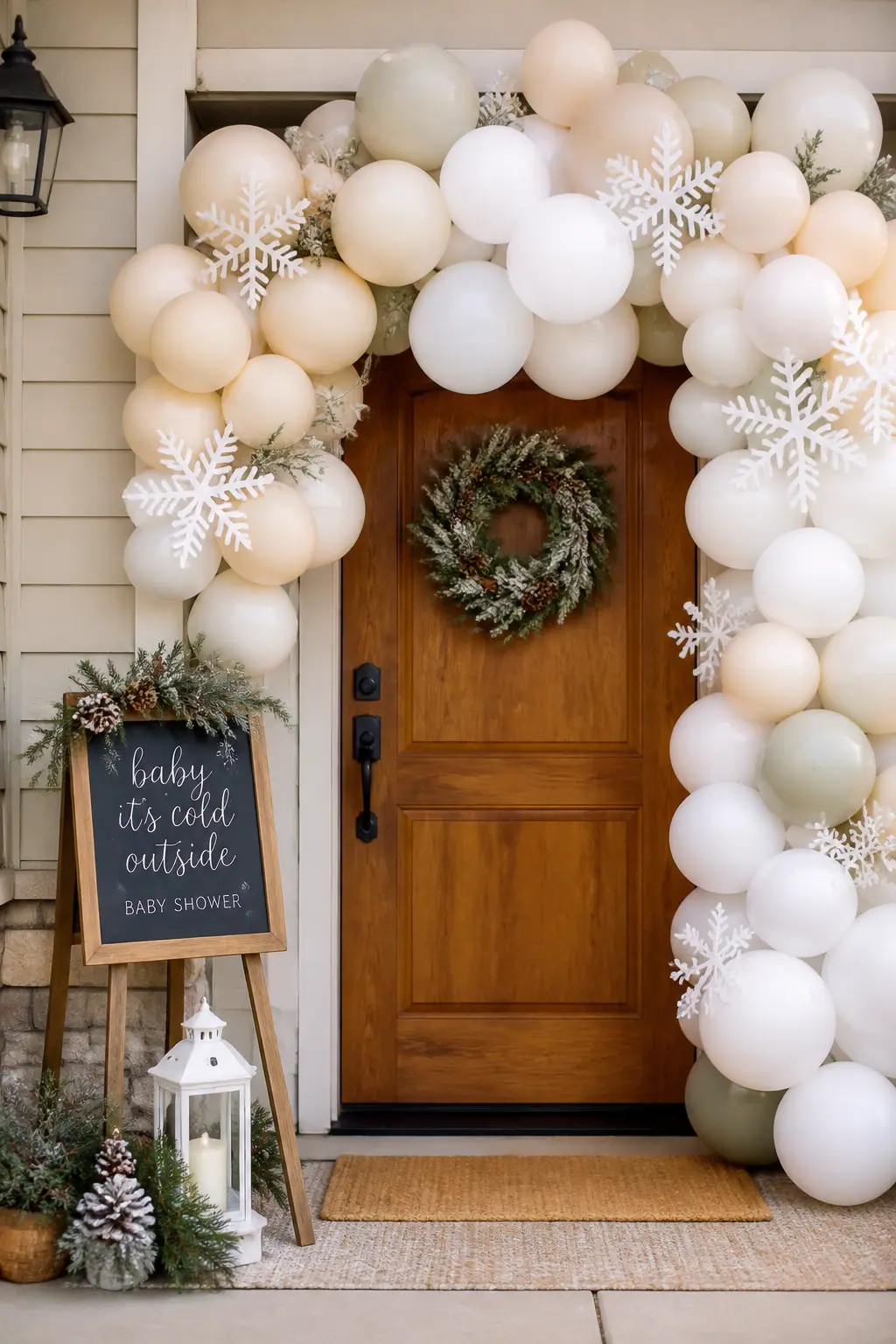 Frosted Branch Balloon Arch at the Door — A balloon arch framing a front door costs roughly the same as a fresh flower arrangement and lasts the whole day.