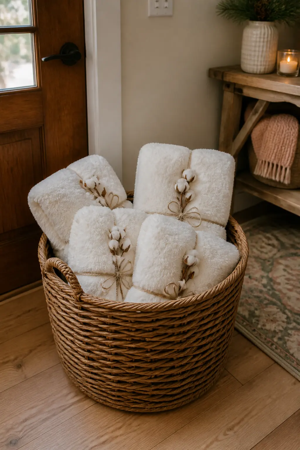 Fur-Throw Welcome Basket by the Door — A wide wicker basket by the entrance holding folded faux-fur blankets tells guests immediately that this party is warm