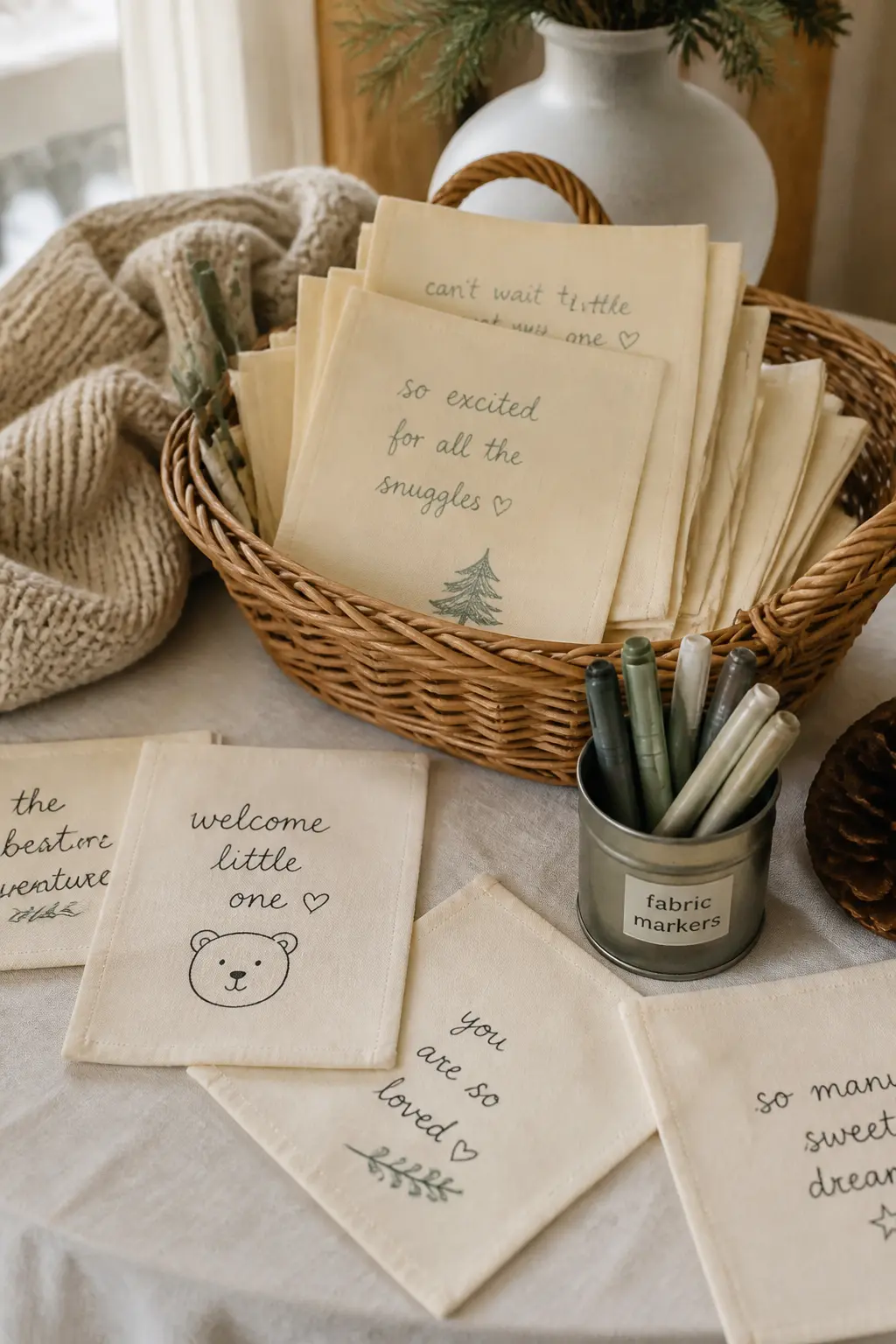 Guest Book Quilt Square Signing — Cut six-inch squares of cream cotton muslin and ask each guest to sign or draw on one square with a fabric marker. Winter