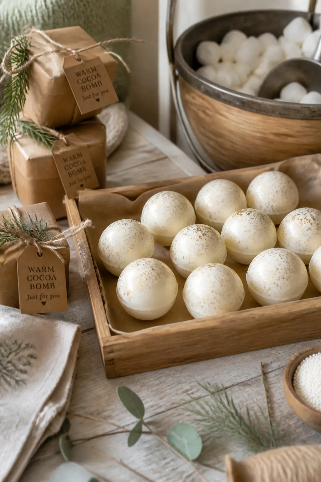 Hot Cocoa Bomb Favour Display — Hot cocoa bombs displayed in a grid on a shallow tray are both a dessert-table feature and a built-in favour. Winter Baby