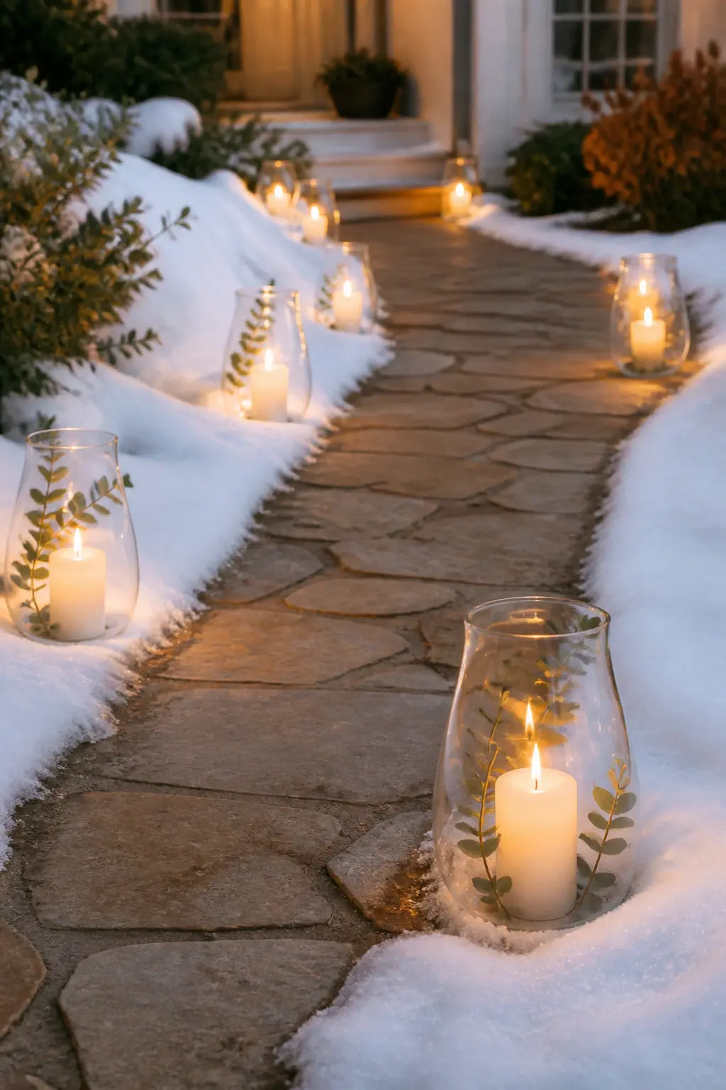 Lantern-Lined Walkway with Evergreen Sprigs — Line the path from the street to the door with small hurricane lanterns, each holding a pillar candle and a