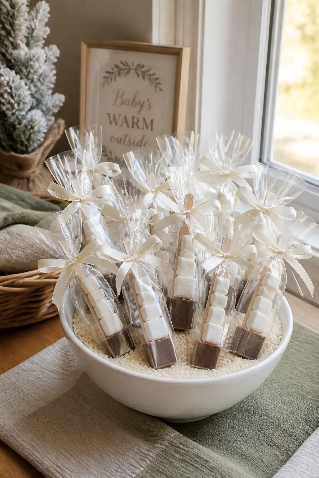 Marshmallow and Cocoa Stirrer Favour Cone — Roll a square of transparent cellophane into a cone, fill the bottom third with mini marshmallows, tuck in a