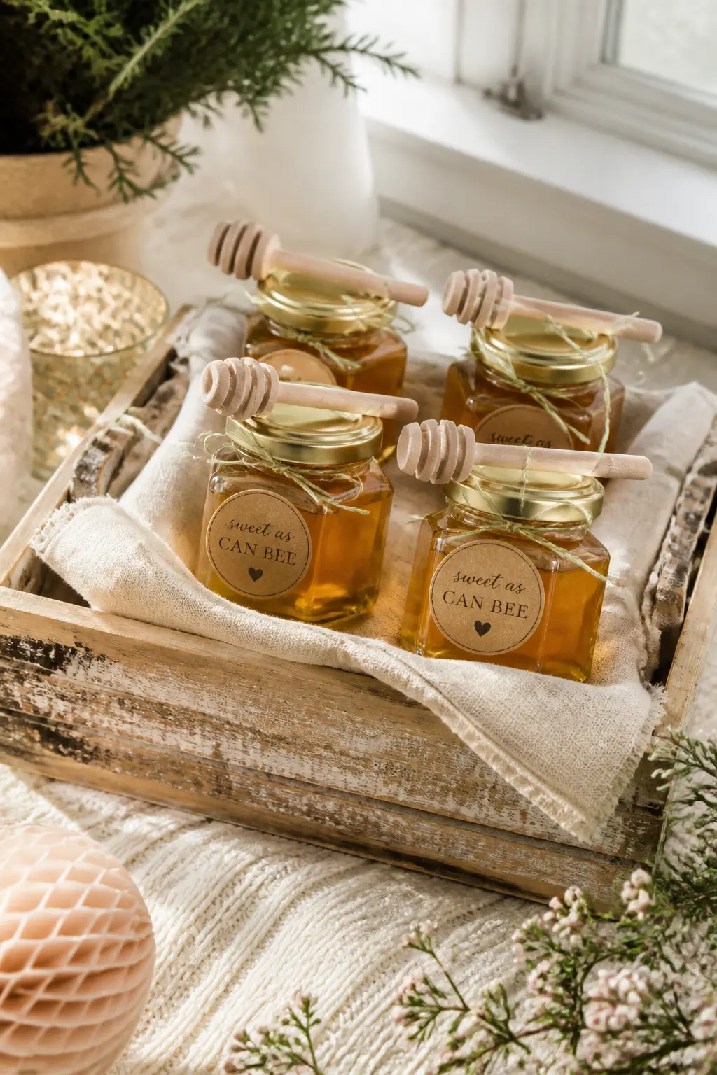 Mini Honey Jars with Wooden Dippers — A two-ounce hex jar of raw local honey with a miniature wooden dipper and a tag reading "sweet as can bee" is the favour