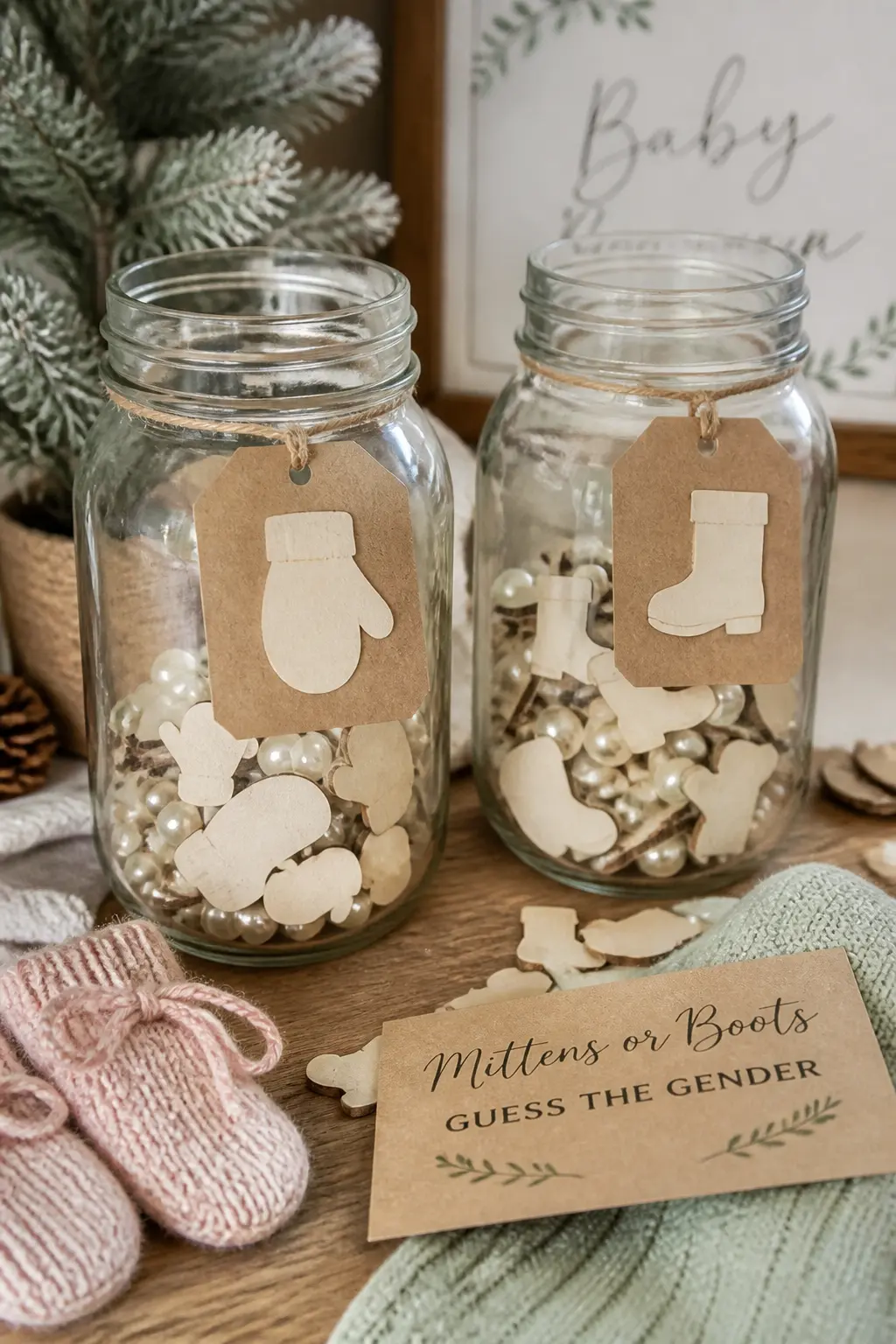 Mittens or Boots: Guess the Gender — Two glass jars sit on the table, one labelled with a knit mitten cutout, one with a tiny boot cutout, both in kraft card.
