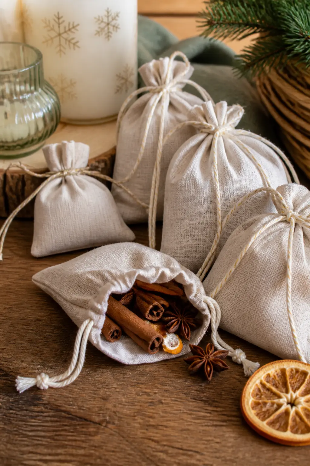 Mulled Spice Sachets in Linen Pouches — A linen drawstring pouch filled with a house-blended mulling spice mix is the winter favour that actually gets used.