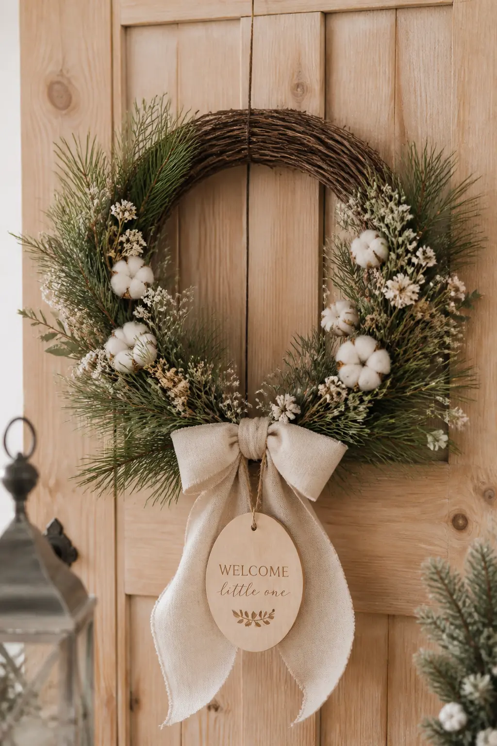 Pine-and-Ribbon Wreath Welcome Sign — A wreath made from a grapevine base woven with sprigs of real or faux pine, white cotton stems and a wide linen ribbon