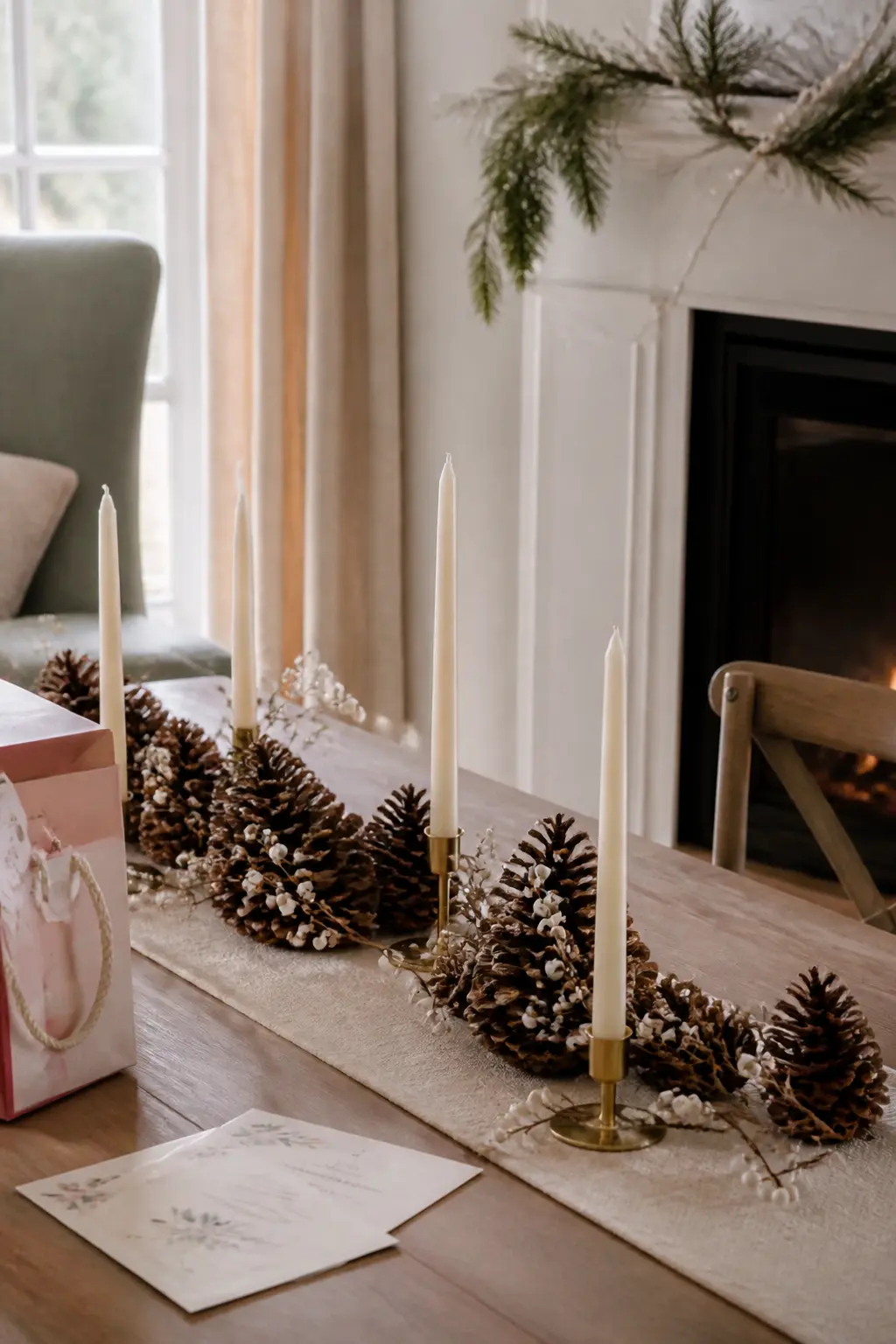 Pinecone and Taper Candle Low Centrepiece — A low centrepiece that guests can see over keeps conversation flowing. Winter Baby Shower Ideas