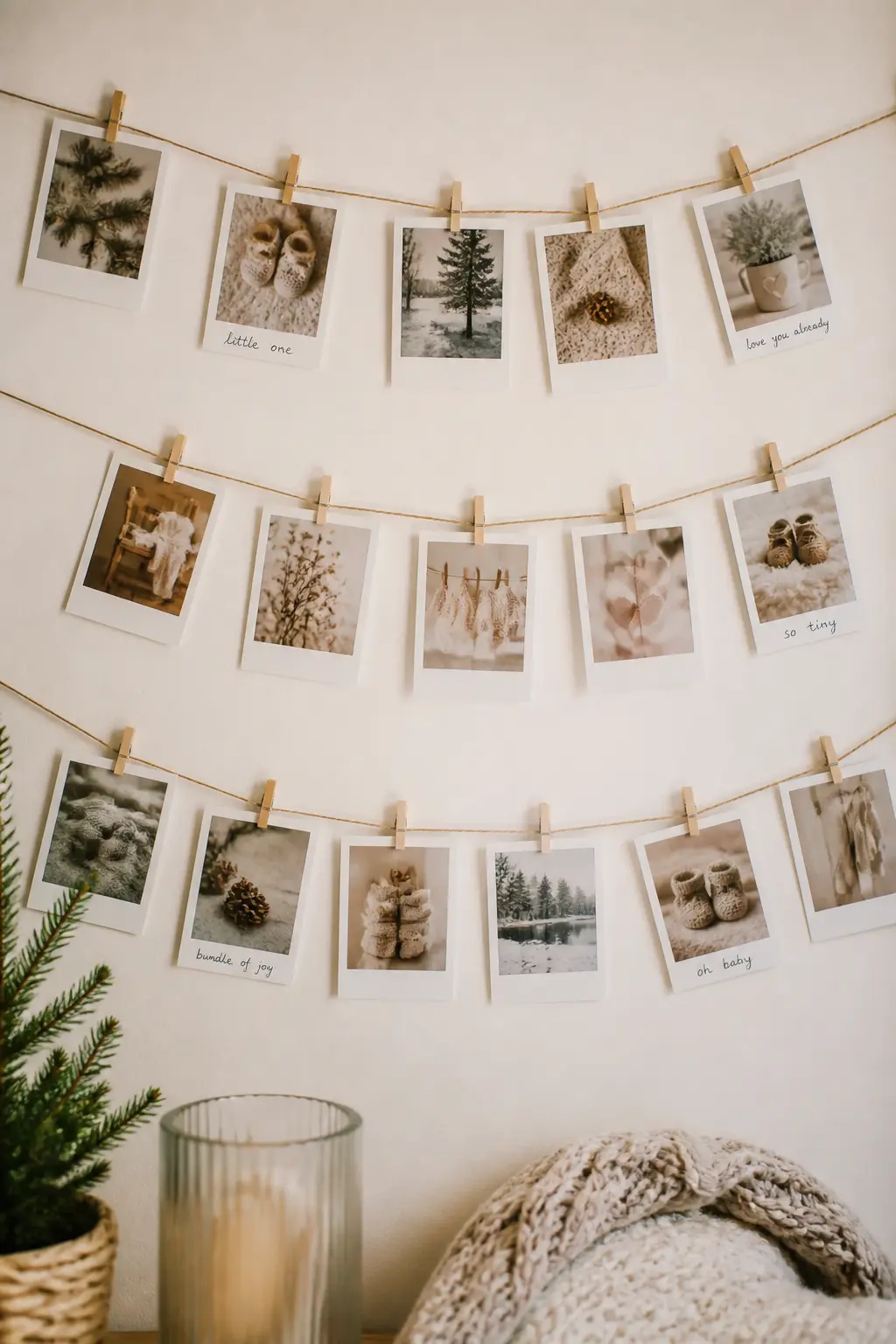 Polaroid Memory Wall — String three or four lengths of thin copper wire or jute twine between two hooks on a wall and use tiny wooden pegs to clip Polaroid