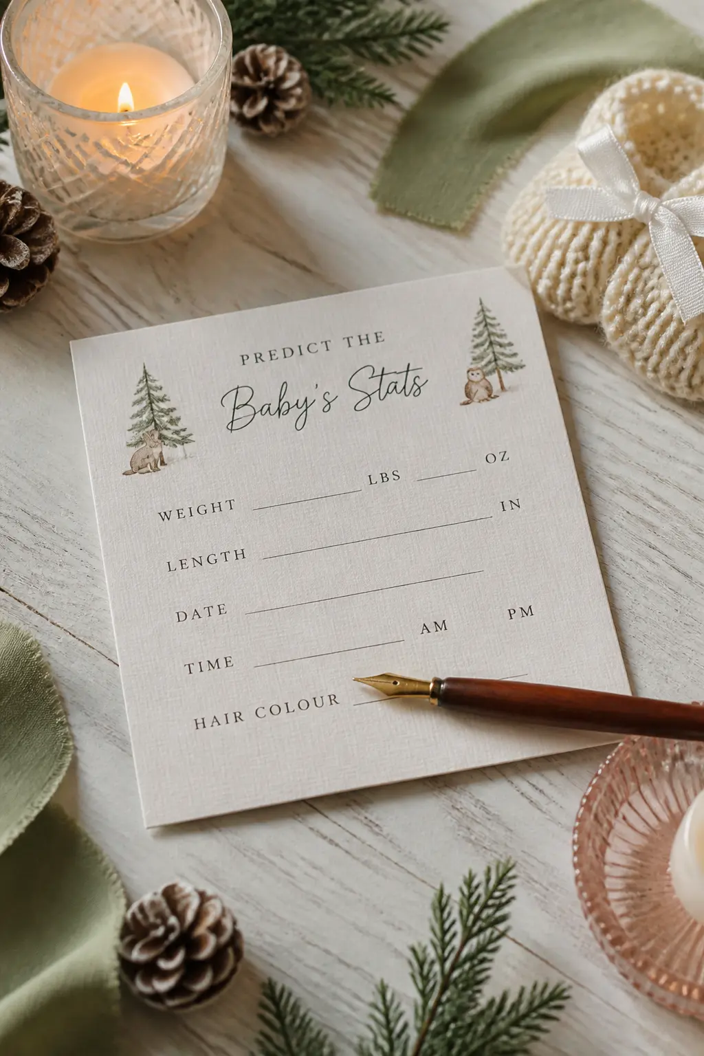 Predict the Baby\'s Stats Card — Each guest receives a small card printed with fields for the baby\'s weight, length, birth date, time and hair colour. Winter