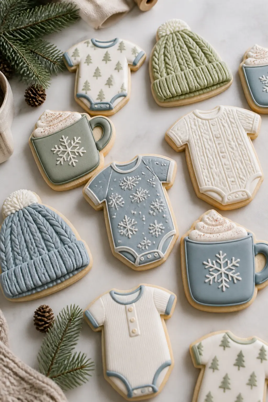 Royal-Iced Sugar Cookies with Winter Baby Motifs — Sugar cookies decorated with royal icing in dusty blue, sage, warm cream and white make a dessert table look