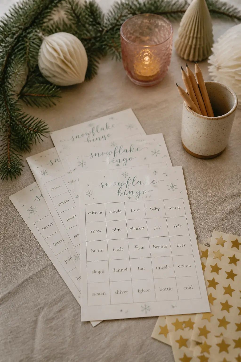 Snowflake Bingo — Snowflake Bingo replaces the usual gift-opening bingo card layout with a five-by-five grid where each square holds a winter-or-baby word