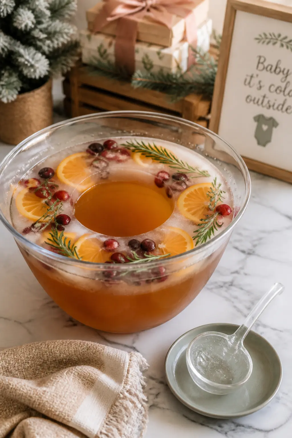 Spiced Cider Punch Bowl with a Citrus Ice Ring — Warm spiced cider in a punch bowl is unexpected at a shower and immediately more interesting than sparkling
