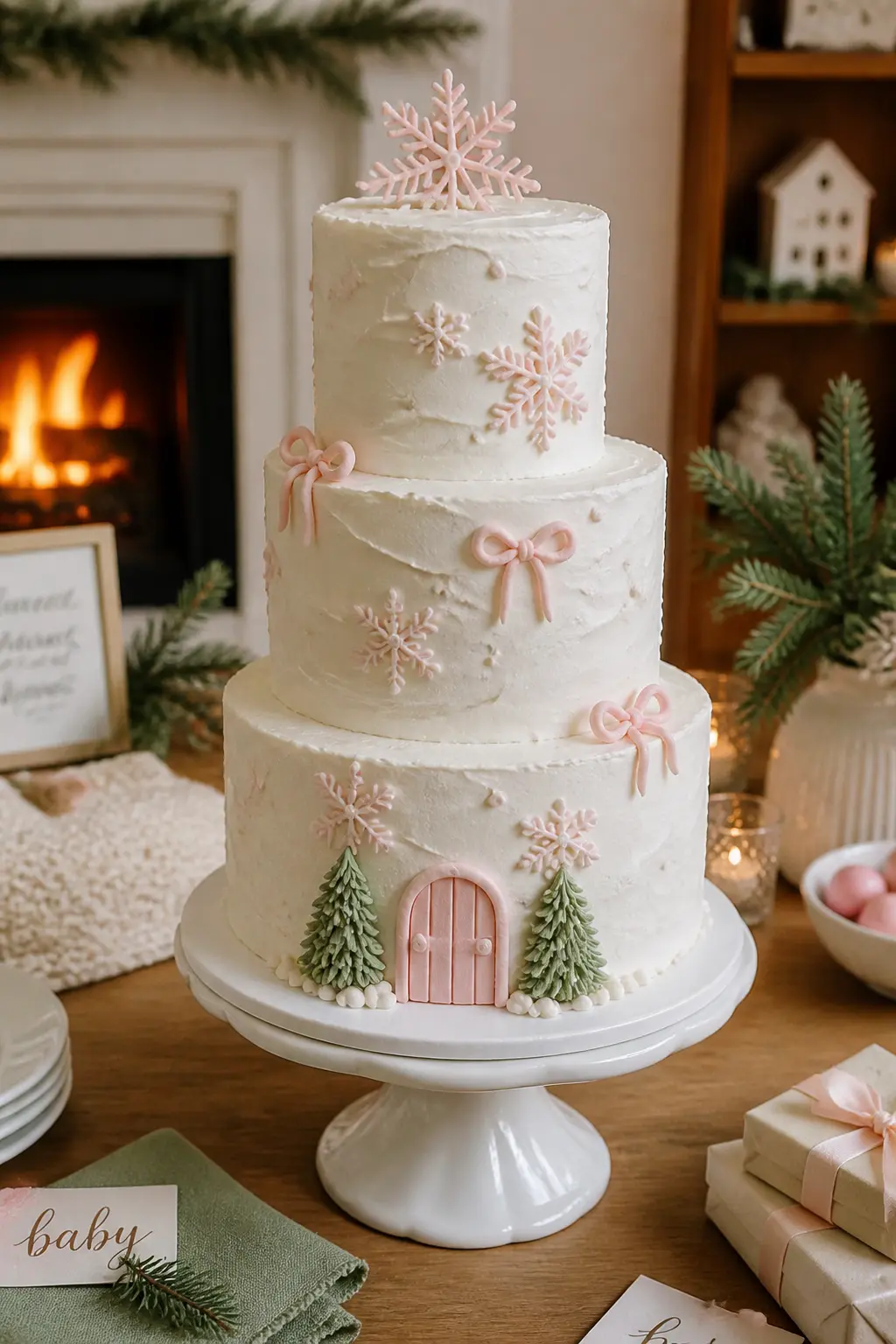 Three-Tier Winter Wonderland Cake — A three-tiered cake dressed in textured buttercream with piped snowflakes and tiny fondant bottle trees at the base is the