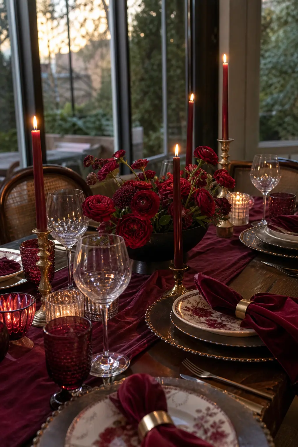 Berry Red and Burgundy Night — Deep, moody red on velvet napkins and dark florals, closer to Bordeaux than Santa. Winter birthday ideas for woman