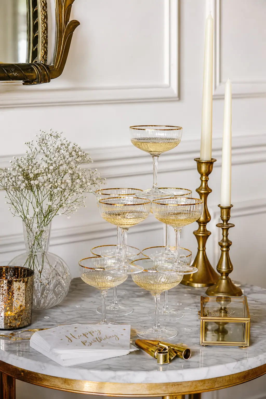Champagne and Gold Celebration — Warm gold against pale champagne, on the glassware and the metal rather than the walls. Winter birthday ideas for woman