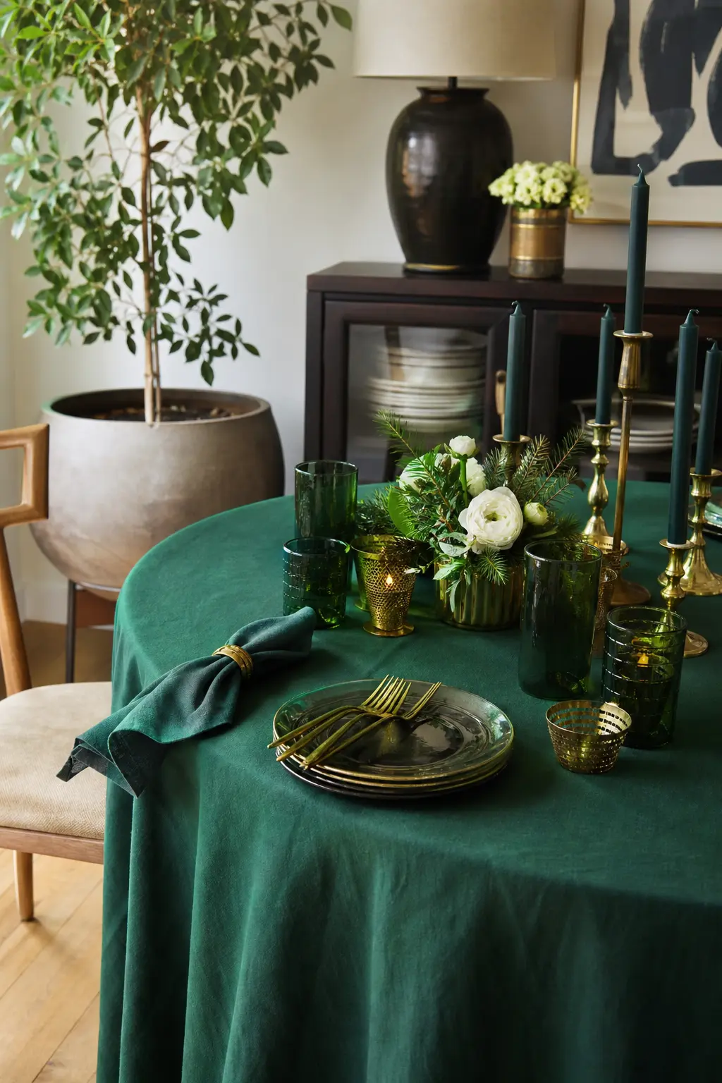 Emerald and Brass Evening — Emerald green against warm brass reads richer than the usual winter blues and photographs especially well against dark wood. Winter