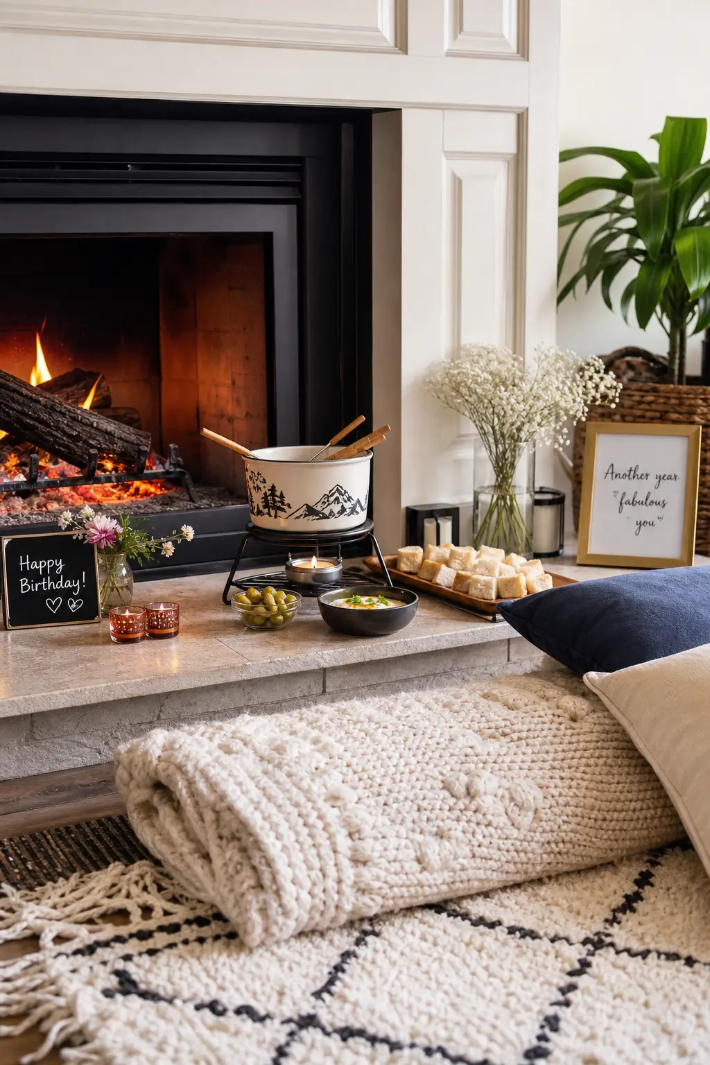 Fireside Fondue Night — The lowest-effort, highest-return idea on this whole list: a fondue pot by the fireplace and nothing else. Winter birthday ideas for