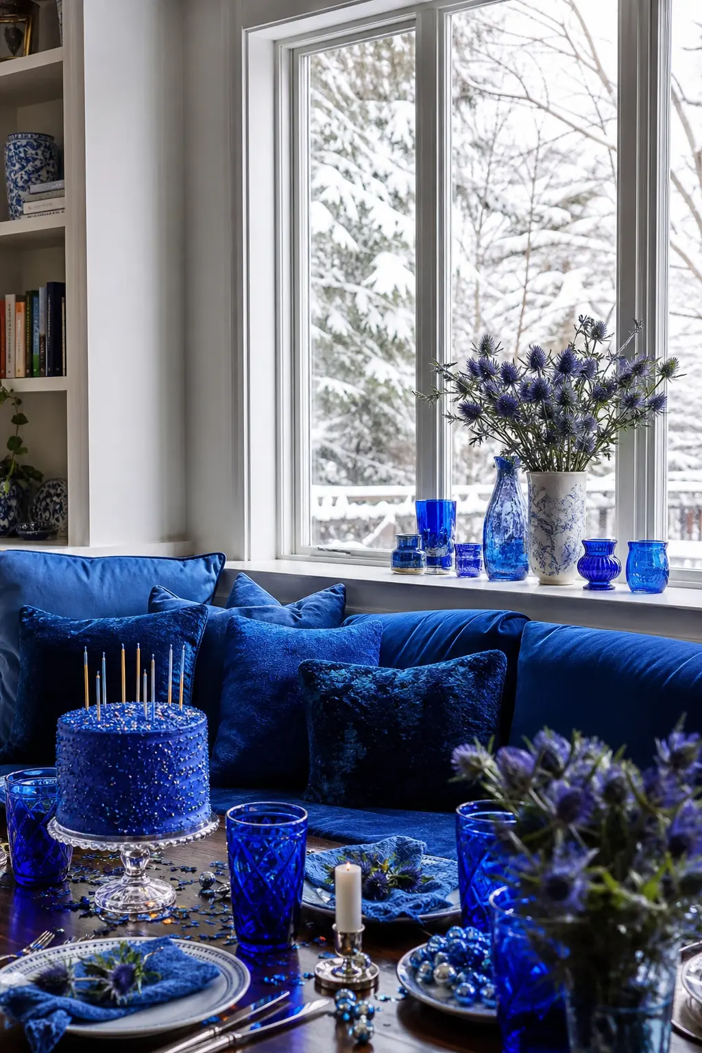 Head to Toe Cobalt Blue — One saturated colour, worn by everyone, styled into one small seating corner rather than the whole party. Winter birthday ideas for