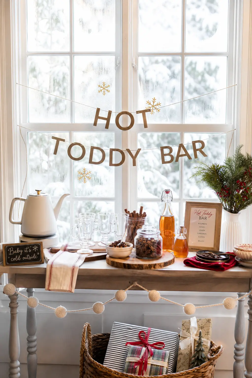 Hot Toddy Bar by the Window — A drinks station rather than a full bar: a kettle, jars of spices and small glasses set out where the snow outside is doing half
