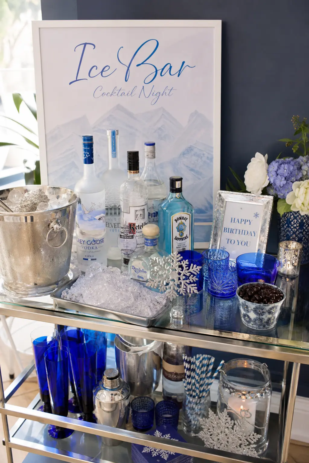 Ice Bar Cocktail Night — Blue uplighting, frosted glass and a lot of ice: this one leans into the trend for icy palettes that feel fresh rather than