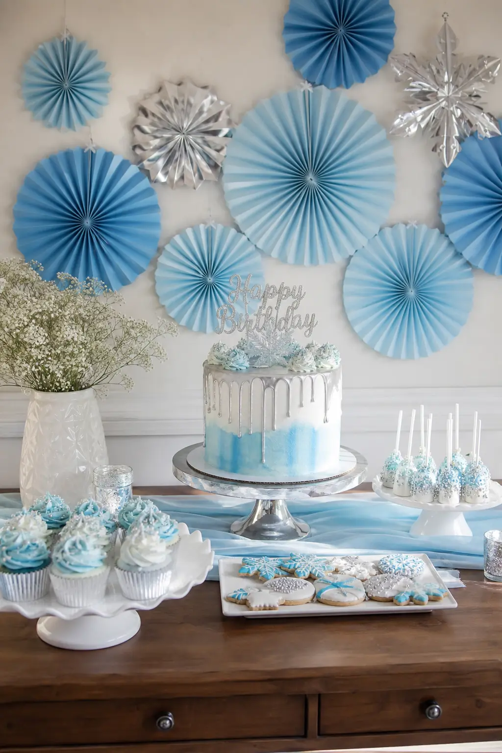 Icy Blue and Silver Party — The classic winter palette, but built into a dessert table rather than a whole room, so it never tips into leftover Christmas