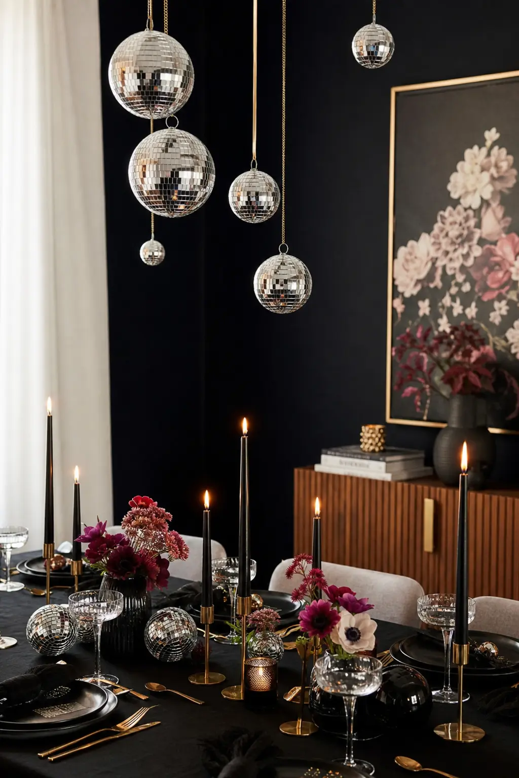 Midnight Disco Ball Dinner — A dinner party with the lights turned down and a disco ball turned on, borrowing quiet-luxury restraint and adding one