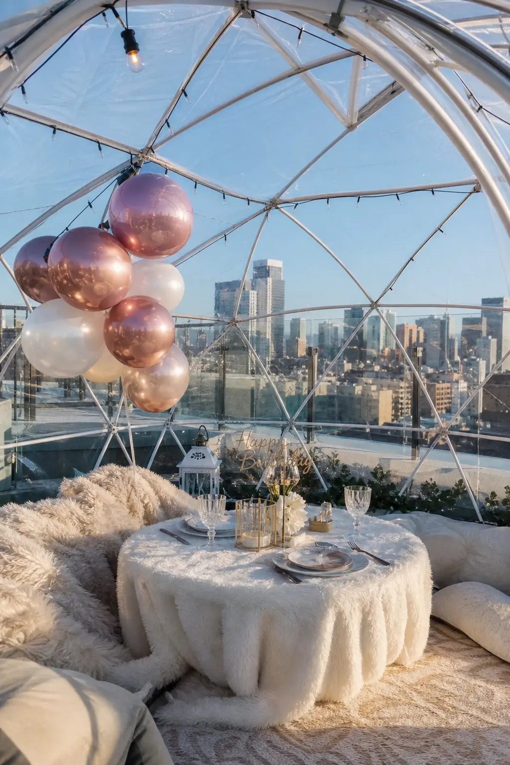 Rooftop Igloo Lounge — Many rooftop bars now rent out heated, clear-domed igloos for exactly this kind of evening, and booking one turns dinner into an