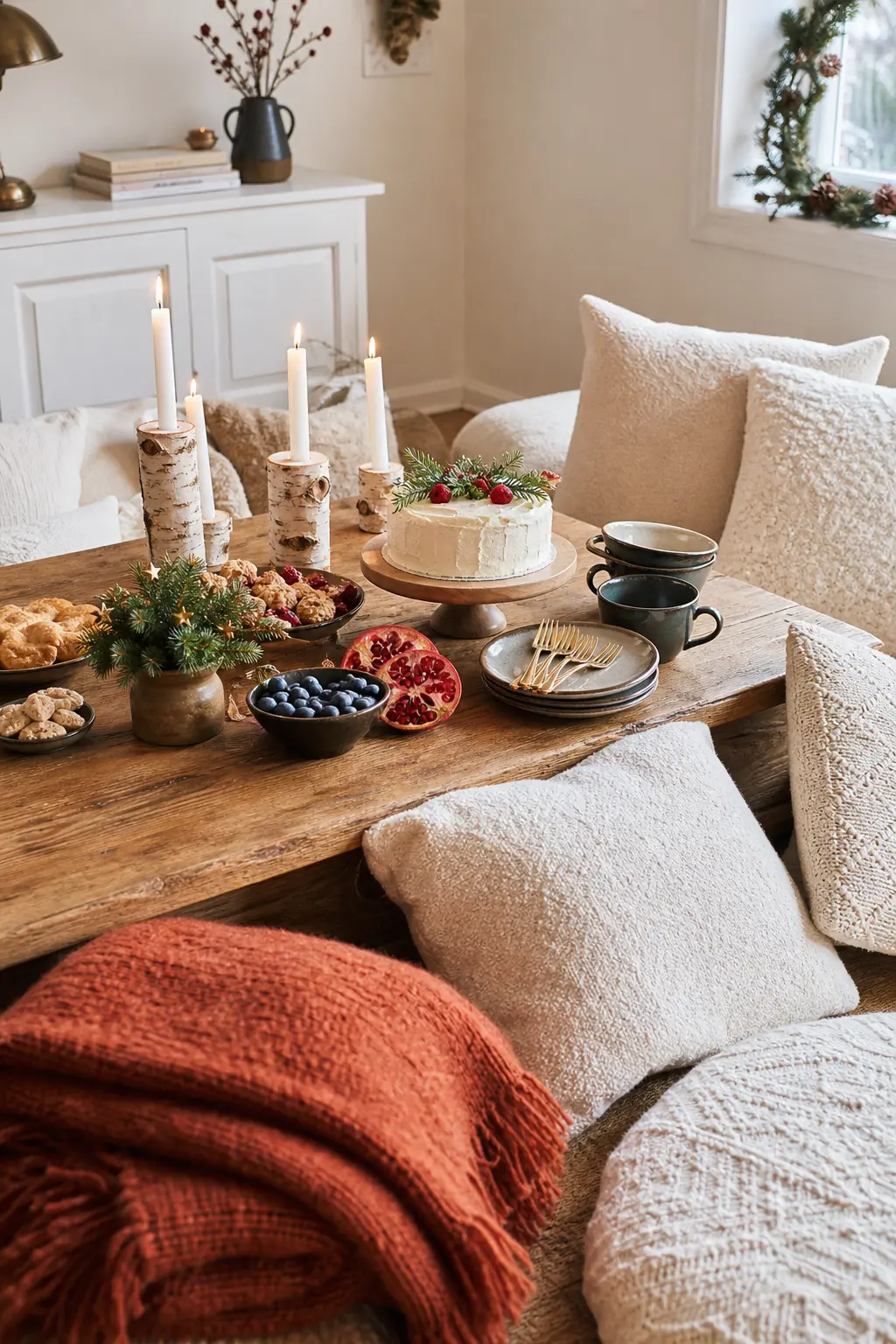 Scandinavian Hygge Gathering — The counter-trend to all that sparkle: cream boucle, birch candles and a low table set close to the floor. Winter birthday ideas