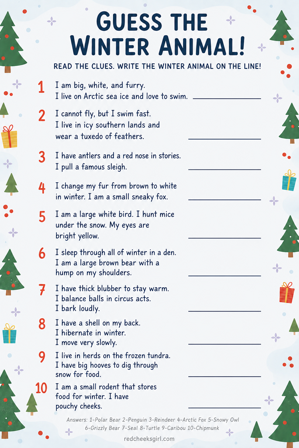 Guess the Winter Animal Sheet printable