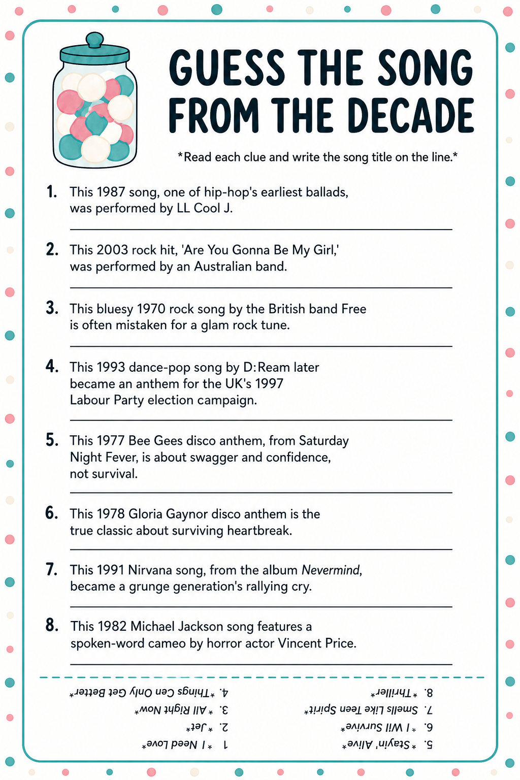 Guess the Song From the Decade printable