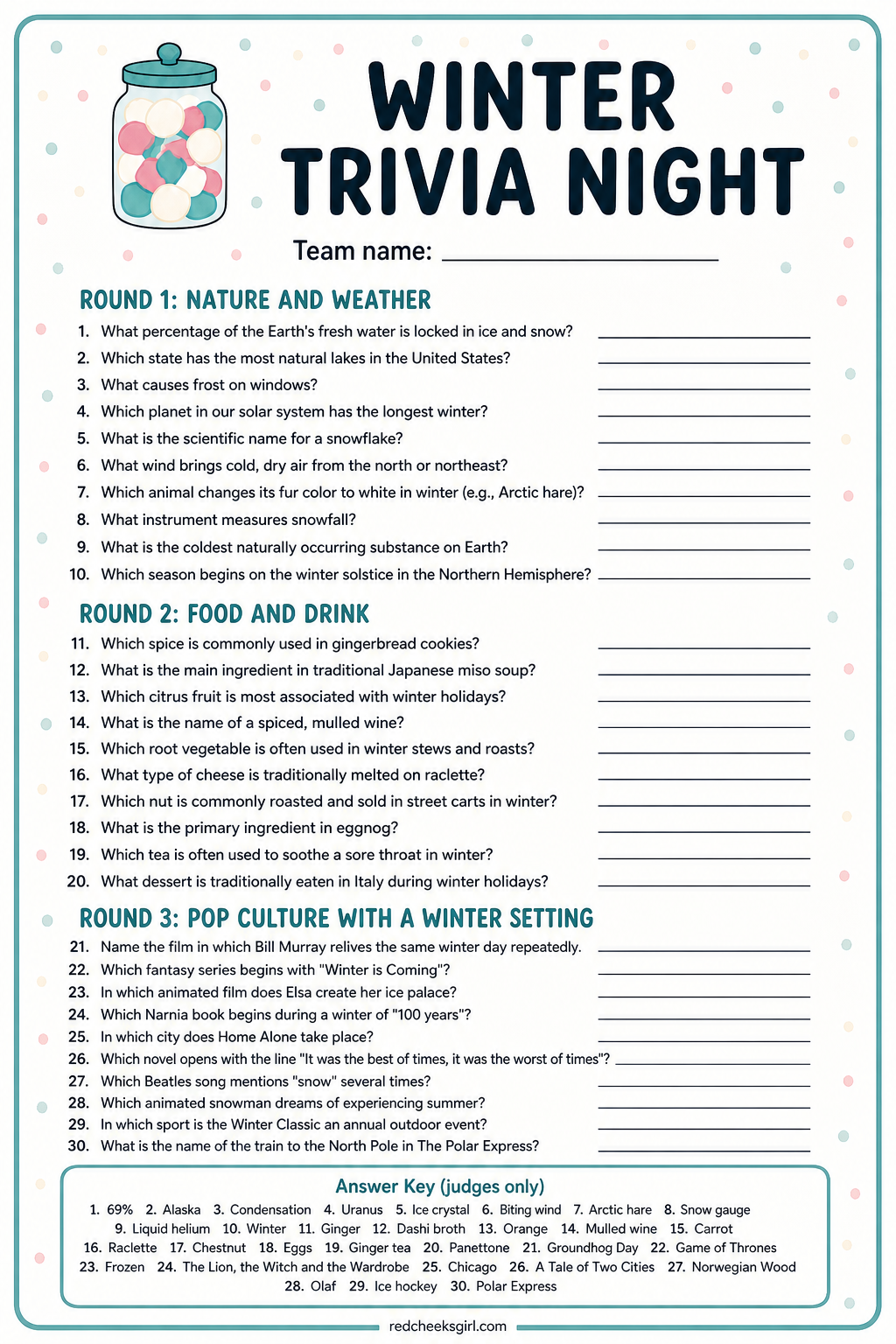 Winter Trivia in Three Rounds printable
