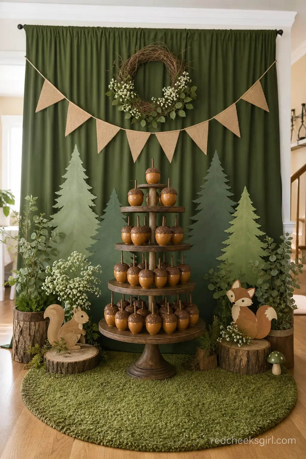 An Acorn Cake Pop Tower — Cake pops dipped in caramel chocolate with a chocolate stem pressed into the top read instantly as acorns, and a tiered wooden stand