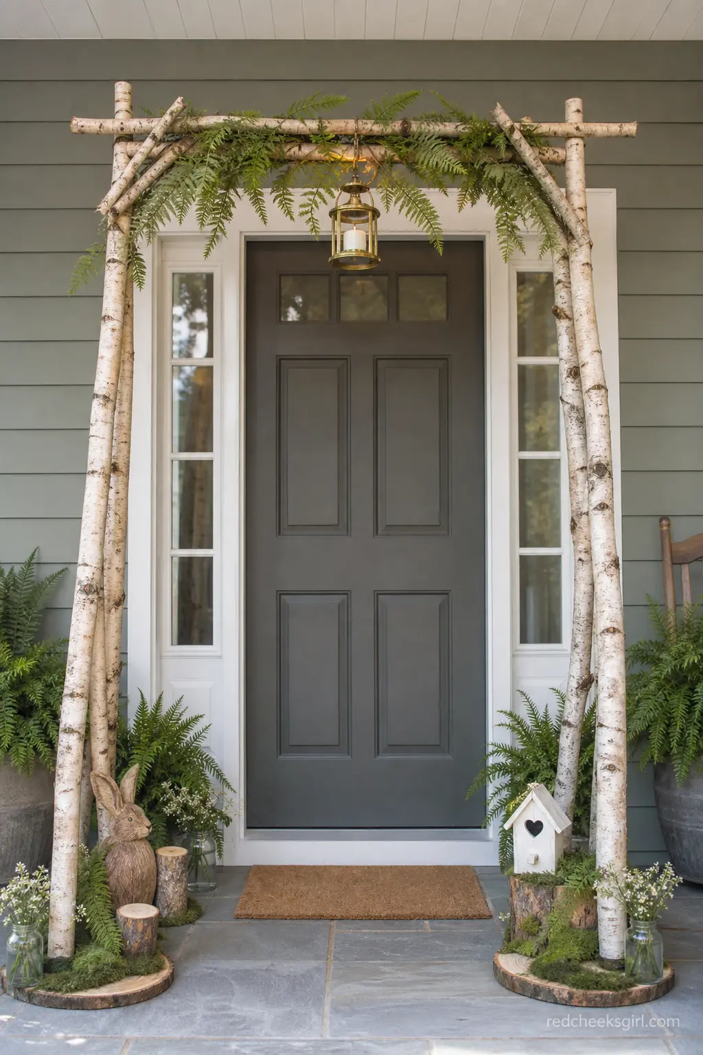 A Birch Log Arch at the Front Door — Three or four birch logs, wired together at the top and stood either side of the doorway, turn an ordinary entrance into a