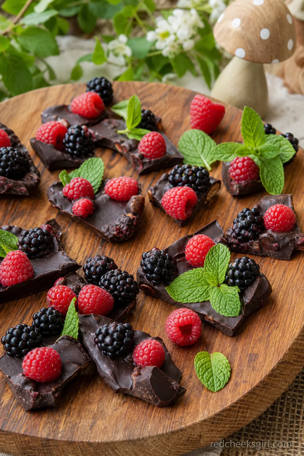 A Chocolate Bark and Berry Grazing Board — Dark chocolate bark broken into rough shards, arranged alongside raspberries, blackberries and a scatter of mint