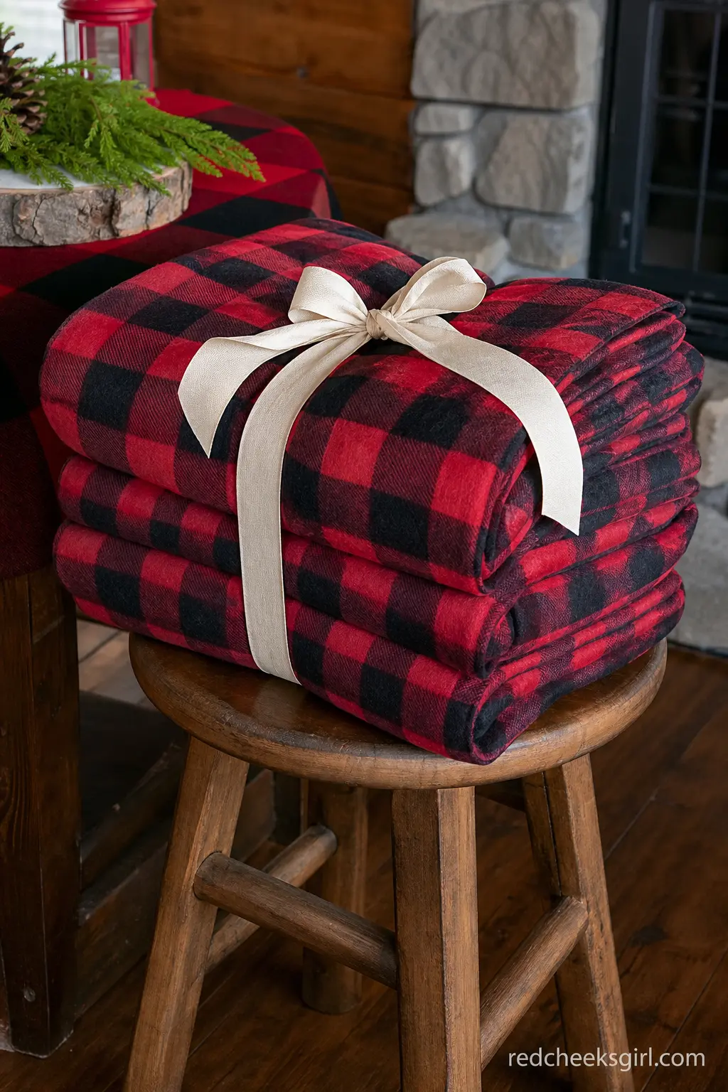 A Flannel Blanket Stack as Gift and Decor — A stack of folded buffalo check flannel baby blankets on a low stool, tied with cream ribbon, serves as both a