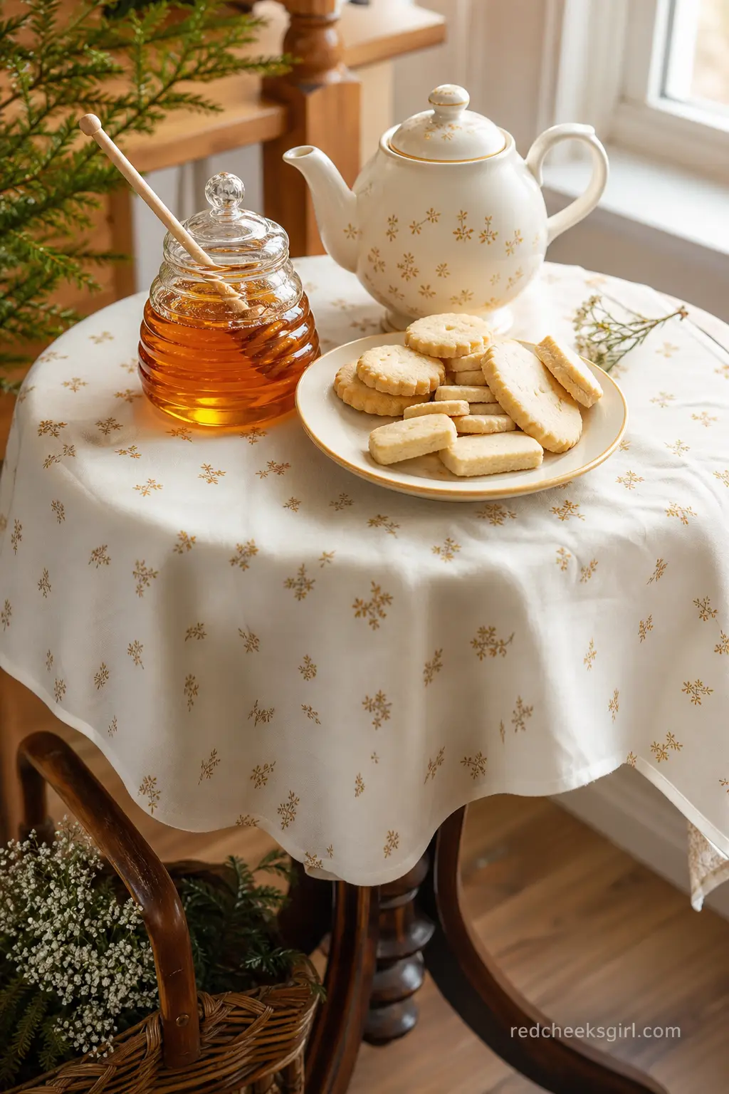 A Honey and Biscuit Tea Table for the Bears — A small side table set with a honey pot, a plate of shortbread and a mismatched teapot leans on the bear side of