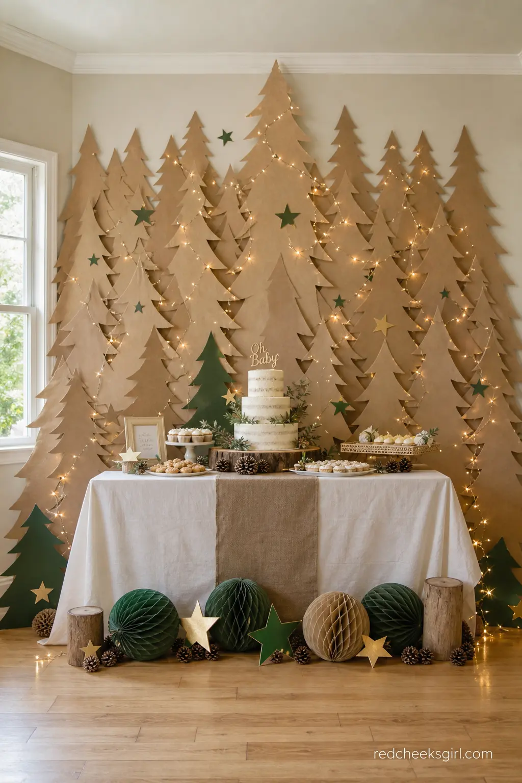 A Kraft Paper Forest Wall Behind the Cake Table — A run of kraft paper pinned floor to ceiling behind the main table, then cut into simple pine tree