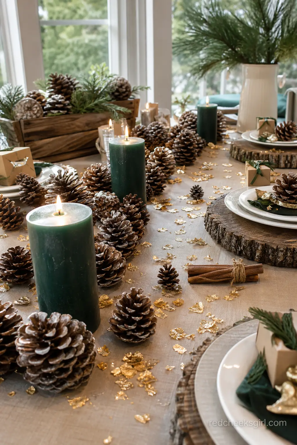 A Pinecone and Candle Table for a Winter Shower — For a shower falling in the colder months, a cluster of pinecones, deep green pillar candles and a scattering