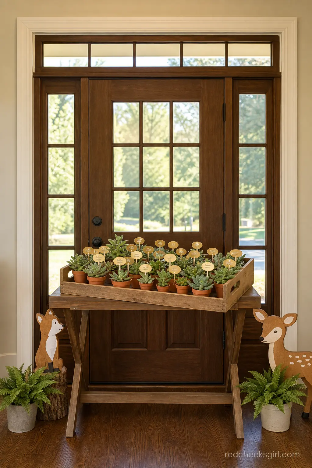 A Potted Succulent Favor Display — Small terracotta pots of succulents, each with a tiny gold nameplate tag, lined up on a tray by the door, double as decor