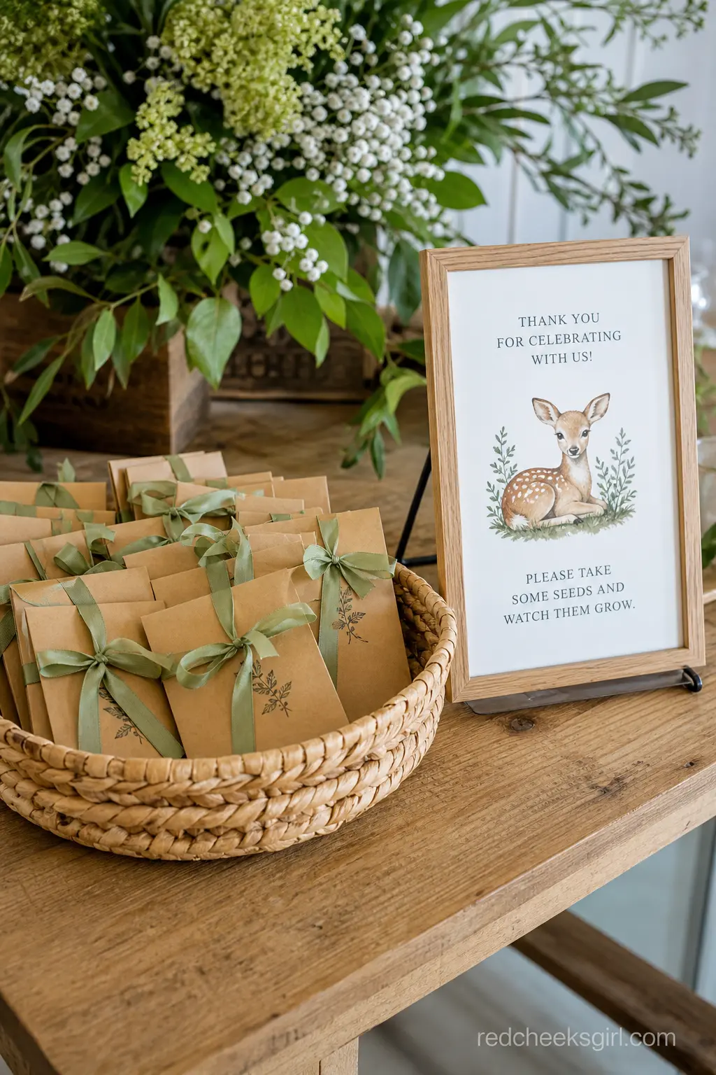 A Seed Packet Favor Table — Small kraft paper seed packets, tied with sage green ribbon and stacked in a low basket, give guests something to actually plant