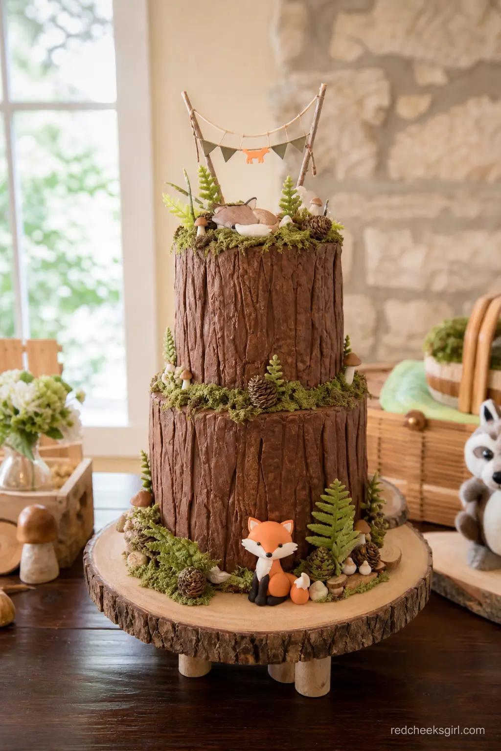 A Tiered Cake Dressed as a Tree Stump — Buttercream textured to look like bark, a ring of edible moss piped in green, and a fondant fox or two peeking from the