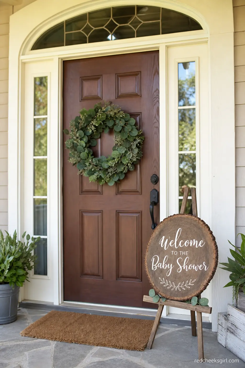 A Wood Slice Welcome Sign at the Door — A large wood slice, painted with white script naming the mom to be and propped on an easel by the door, sets the
