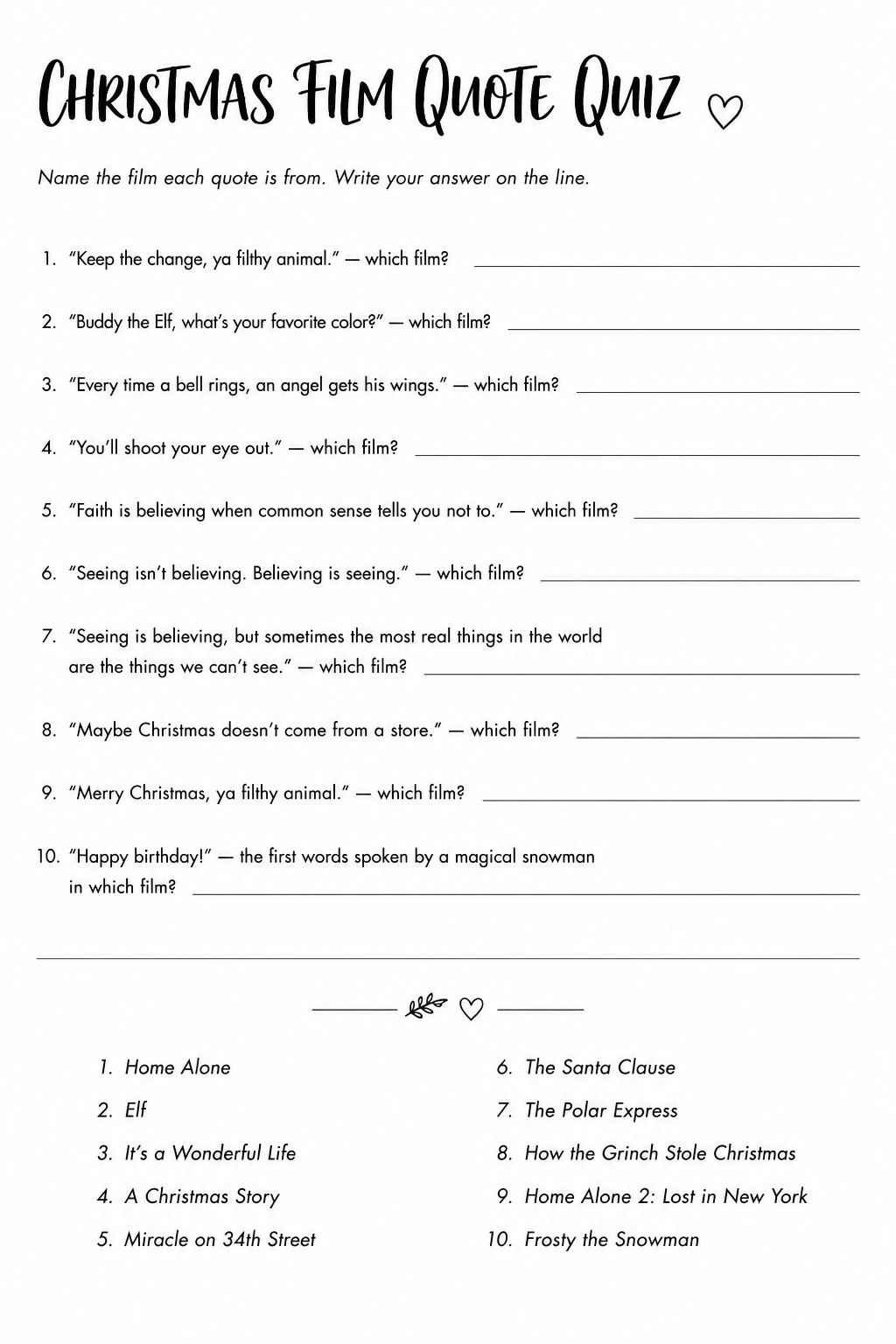 Christmas Film Quote Quiz printable