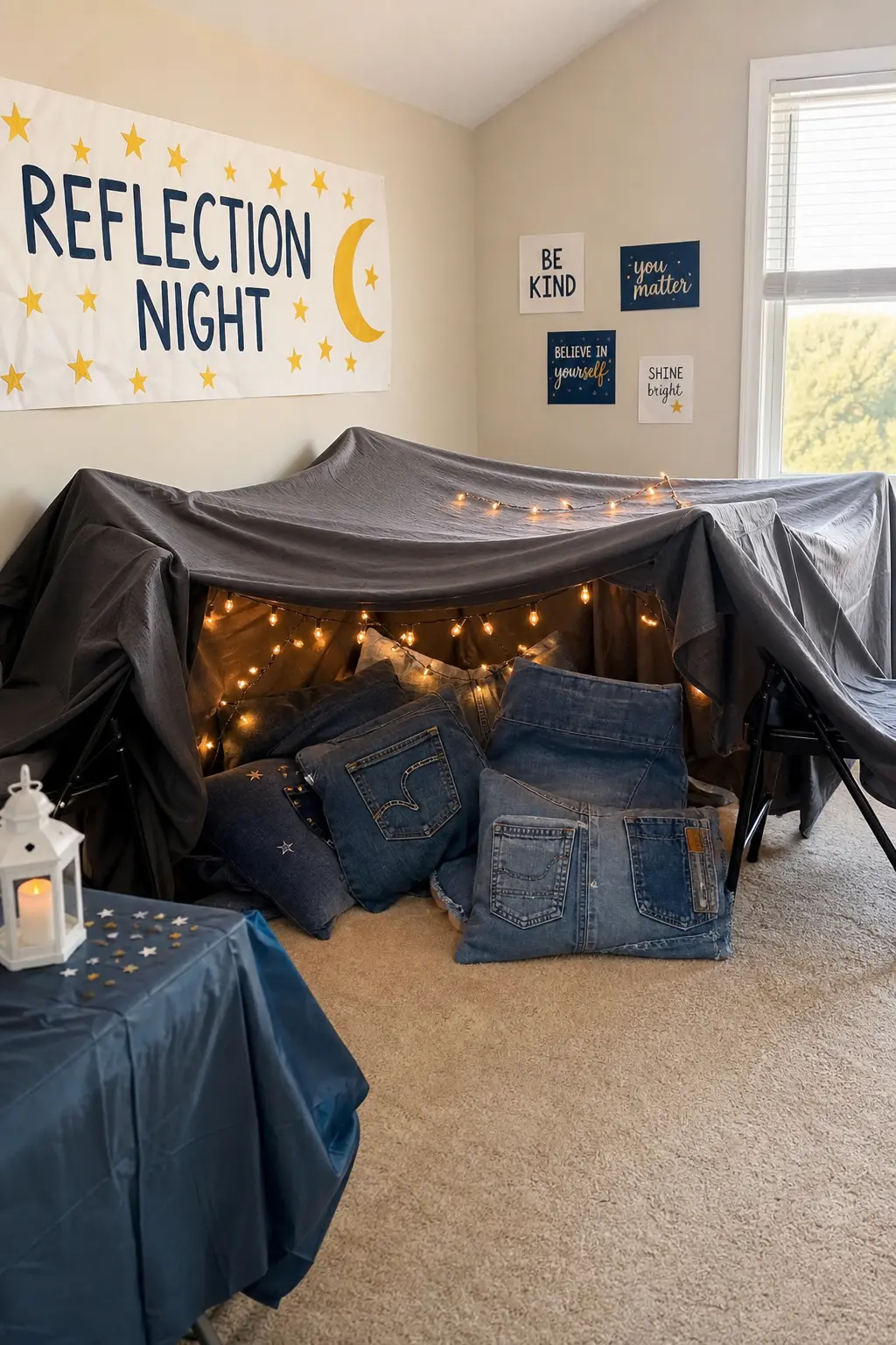 Blanket Fort Reflection Night — Drape sheets over folding chairs in a corner of the hall, string fairy lights along the inside and pile cushions at the