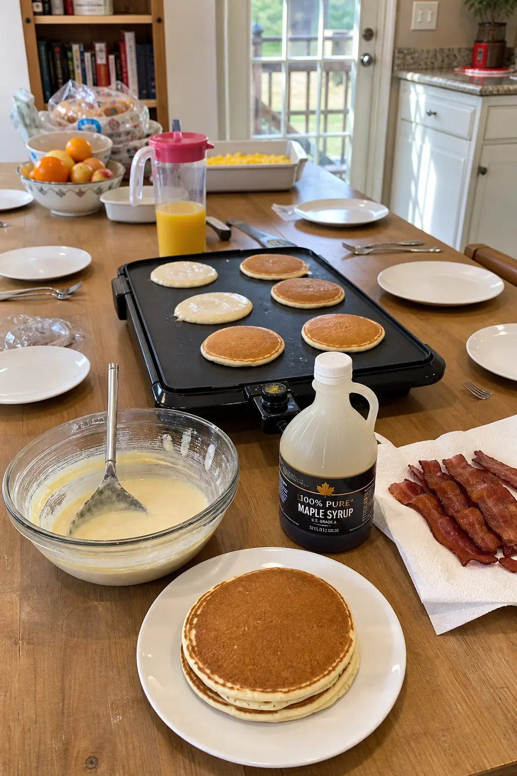 Breakfast for Dinner Night — Cook a full breakfast spread at seven in the evening instead: pancakes, bacon, eggs, all made together in the church kitchen