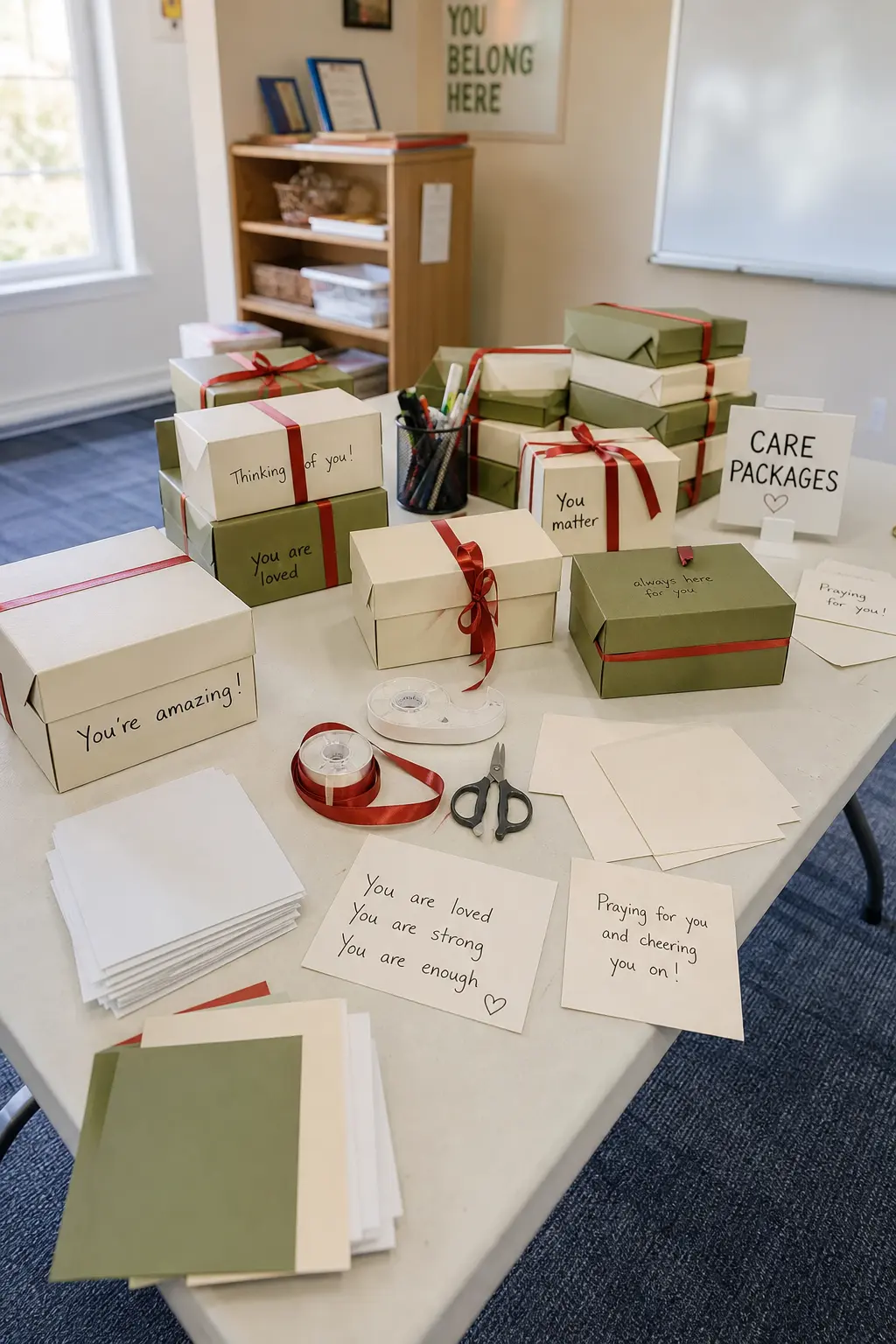 Care Package Assembly Night — Set up an assembly line across a classroom table: snacks, socks, a handwritten note, taped shut and labelled for a nursing home