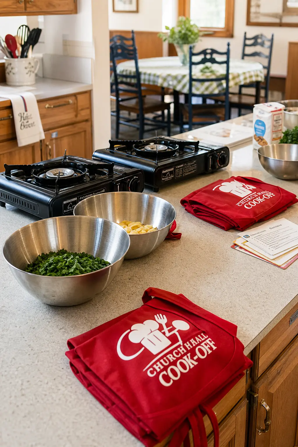 Church Hall Cook-Off — Split into teams, hand each one an identical bag of pantry basics, pasta, canned tomatoes, cheese, herbs, and give them forty five