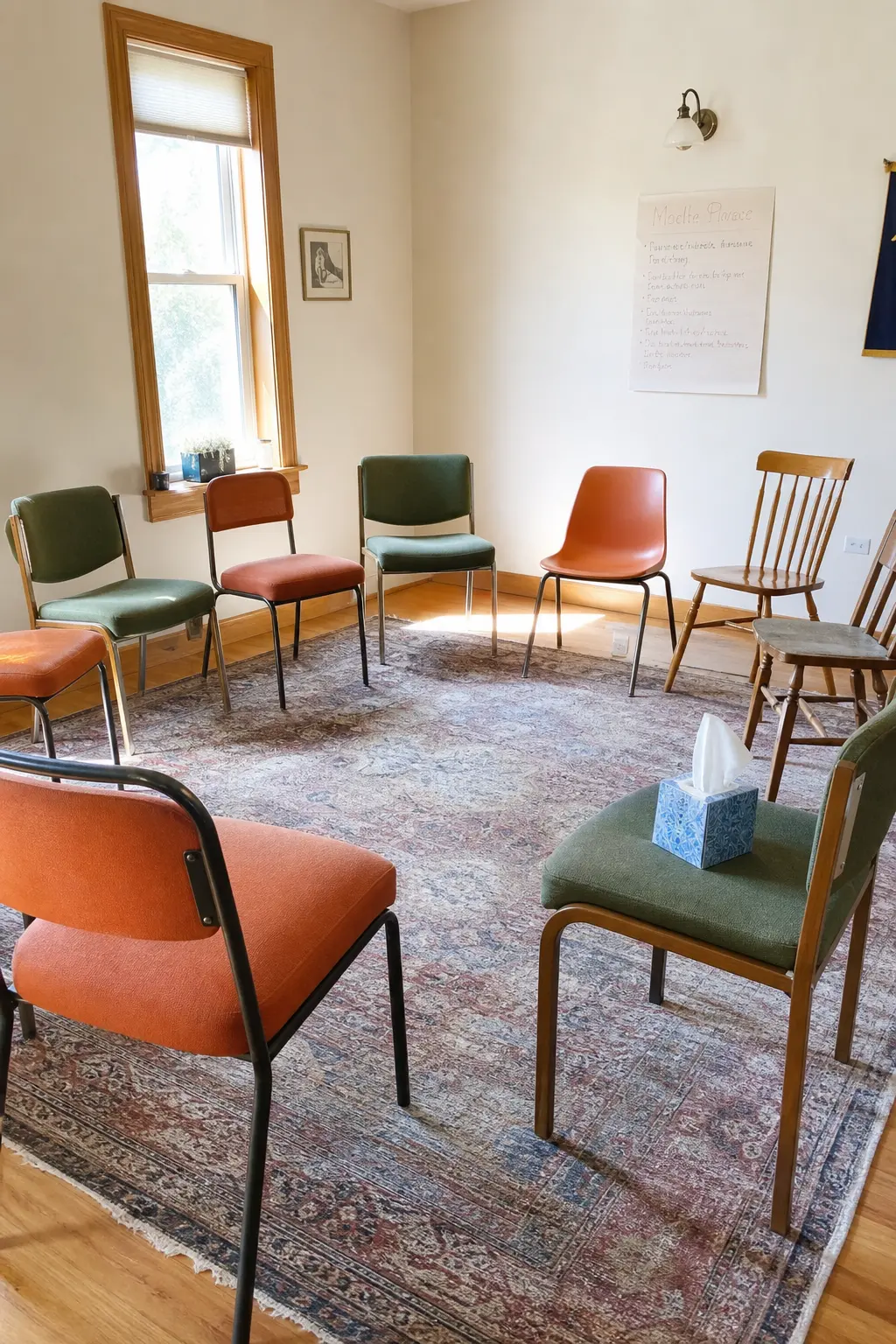 Circle of Chairs Night — Pull mismatched chairs into a plain circle in a bare room and open one hard topic properly, mental health, grief, pressure at school