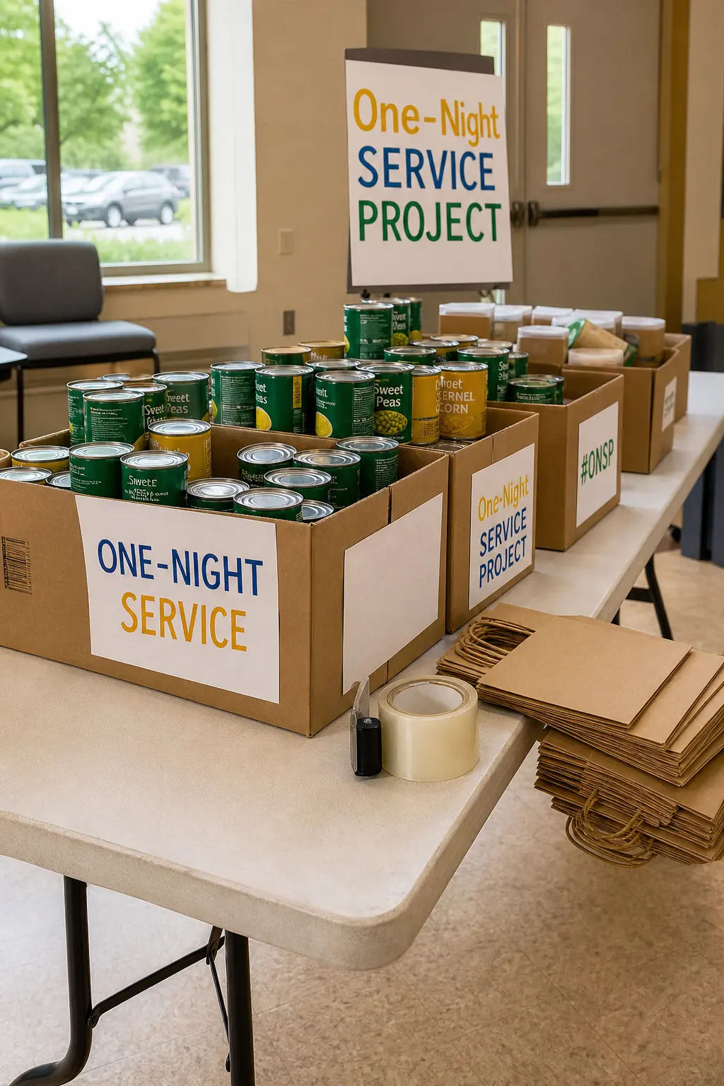The One-Night Service Project — Pick one need that closes by the end of the evening: a food pantry box drive, a stack of care packages, a batch of blankets
