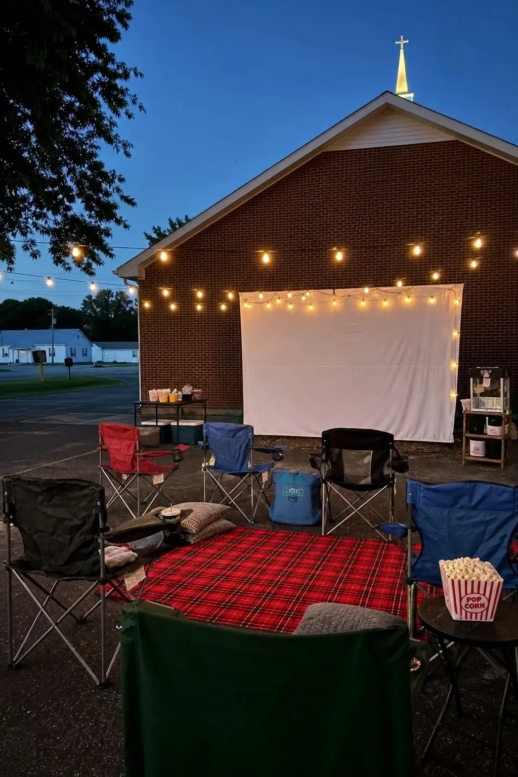 Parking Lot Movie Night — Hang a white sheet against the church wall, borrow a projector, and drag lawn chairs and blankets into the parking lot as the sky
